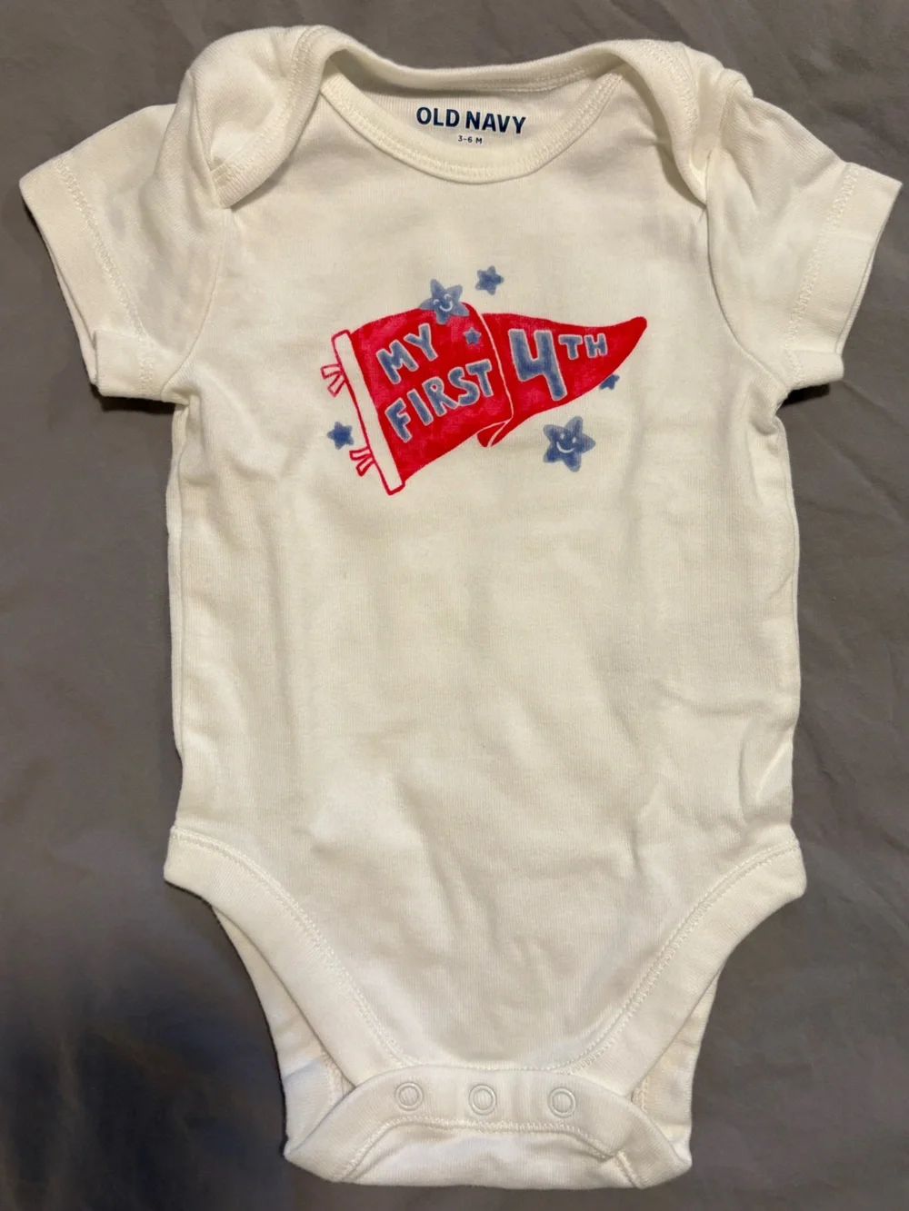 Old Navy 3-6M White Short-Sleeve Bodysuit with Red 'My First 4th' Flag